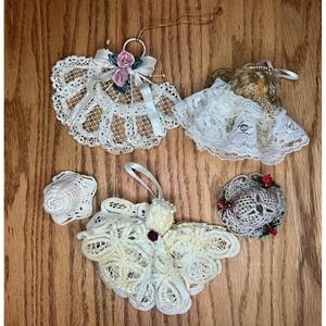 Lot Of 5 Vintage Macrame‎ Christmas Ornaments Angel Bell Holiday